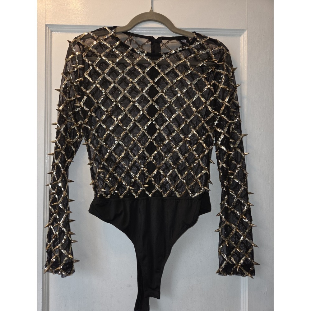 Gritty Soul Black Gold Sequin Spike Mesh Bodysuit XL Women's One Piece Stretch
